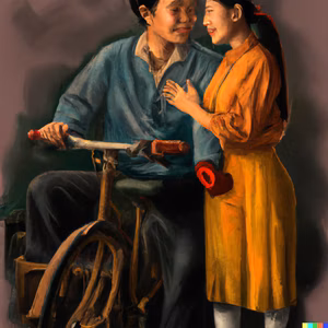 Electric bicycle technician and customer: a love story on two wheels depicted in a Rembrandt-style painting featuring an Asian e-bike technician.